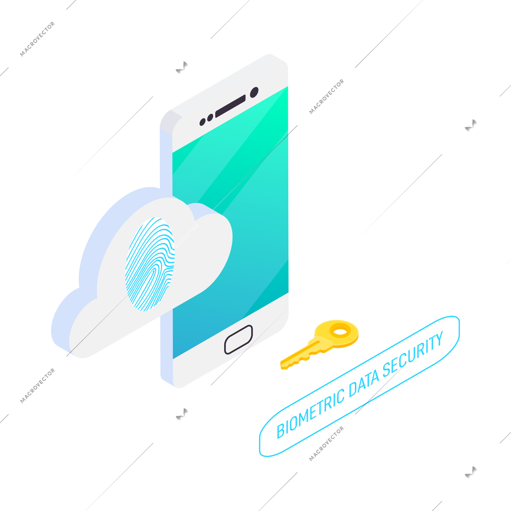 Biometric authentication data security isometric icon with 3d image of smartphone fingerprint key 3d vector illustration