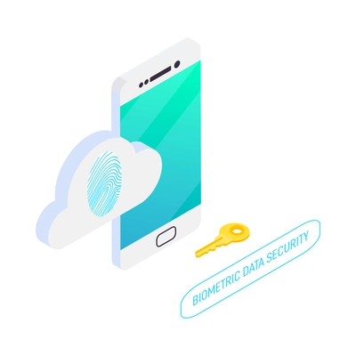 Biometric authentication data security isometric icon with 3d image of smartphone fingerprint key 3d vector illustration