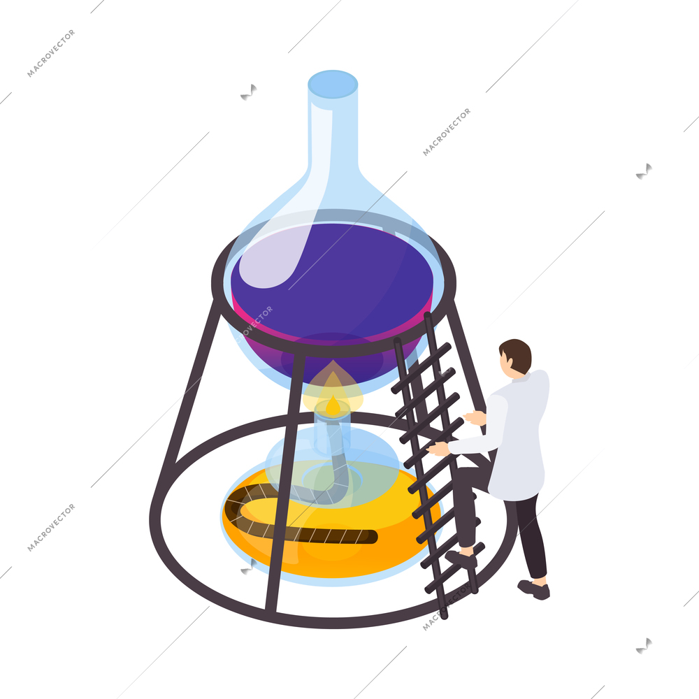 Science icon with character of scientist heating reagents in glass flask isometric vector illustration