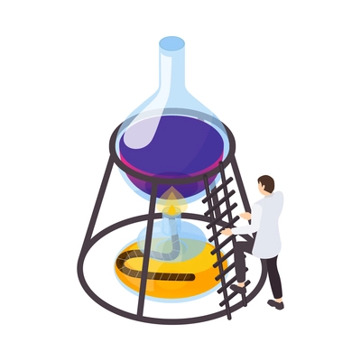 Science icon with character of scientist heating reagents in glass flask isometric vector illustration