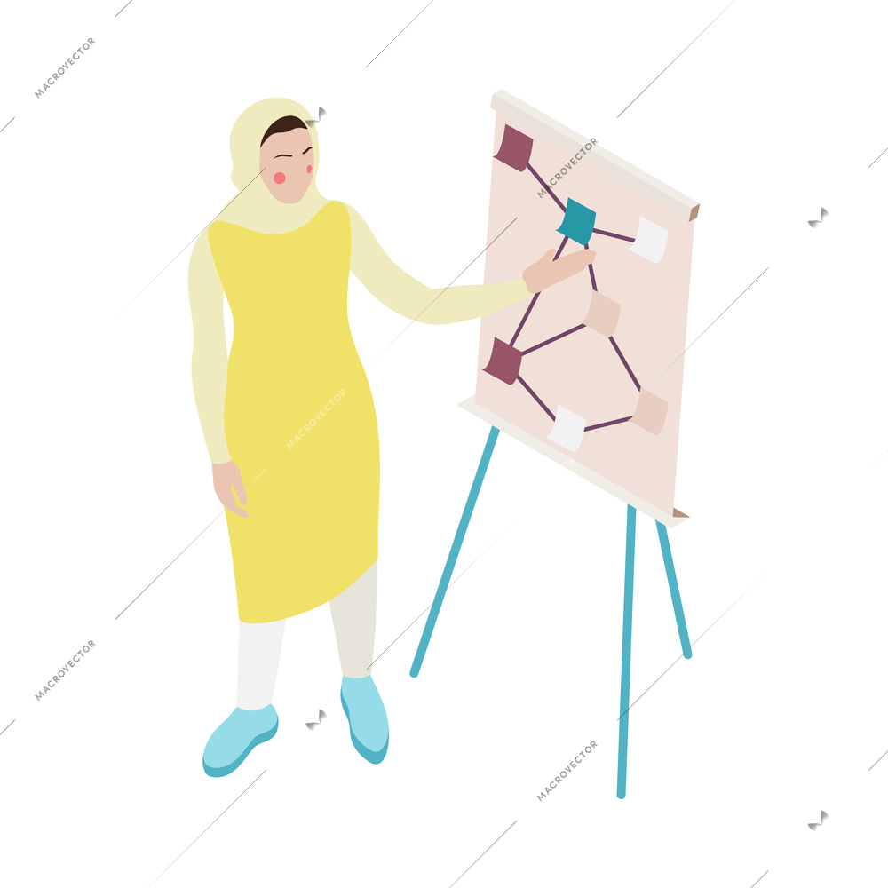 Modern saudi arab businesswoman presenting report in office 3d isometric icon vector illustration