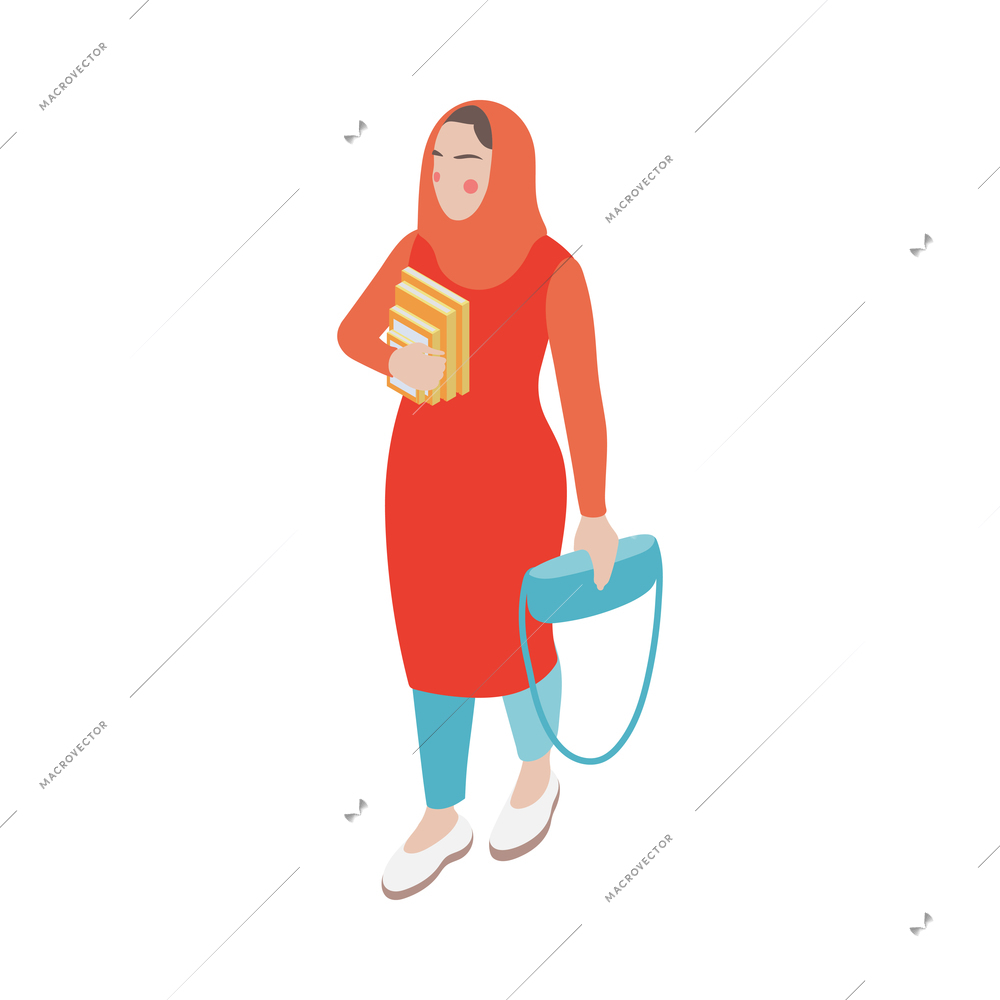 Modern female saudi arab student in hijab holding books and handbag 3d icon isometric vector illustration