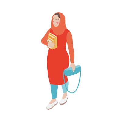 Modern female saudi arab student in hijab holding books and handbag 3d icon isometric vector illustration