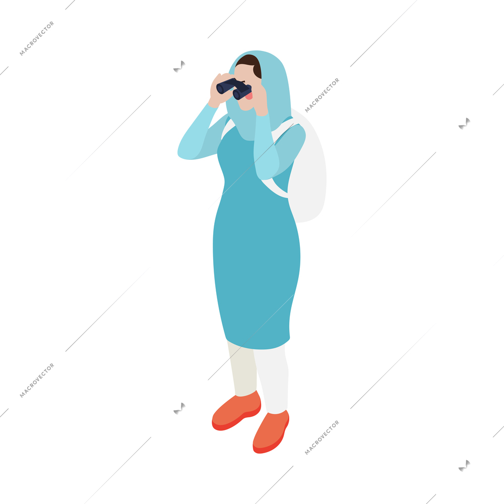 Modern saudi arabian woman with backpack looking through binoculars 3d isometric icon vector illustration