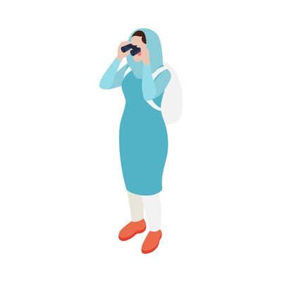 Modern saudi arabian woman with backpack looking through binoculars 3d isometric icon vector illustration