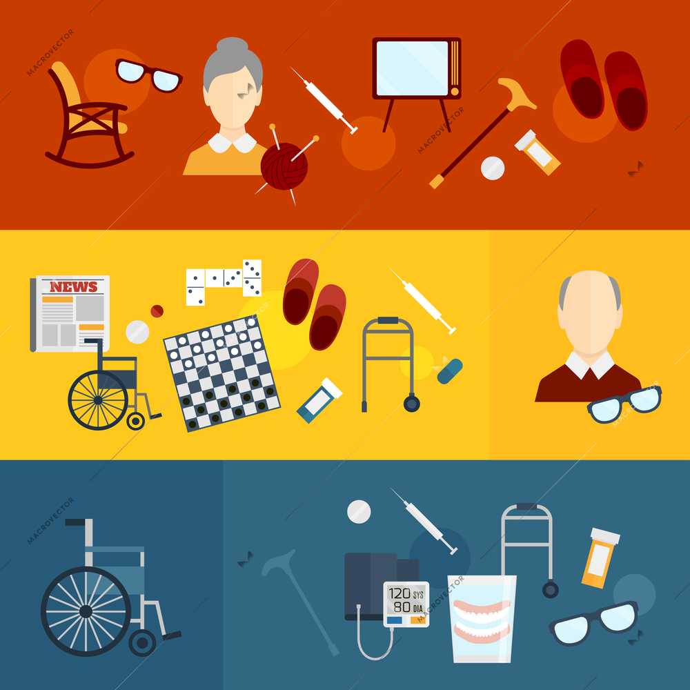 Pensioners life elderly care flat banners set isolated vector illustration