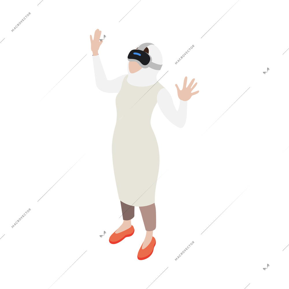 Isometric icon with character of excited saudi arab wearing augmented reality glasses 3d vector illustration