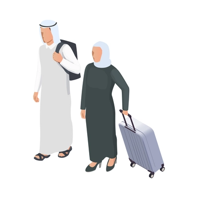 Travelling arab people in traditional clothing with backpack and suitcase isometric icon vector illustration