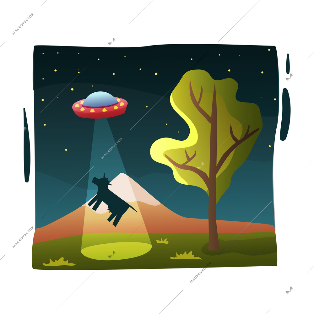 Aliens on ufo flying saucer abducting cow at night flat composition vector illustration