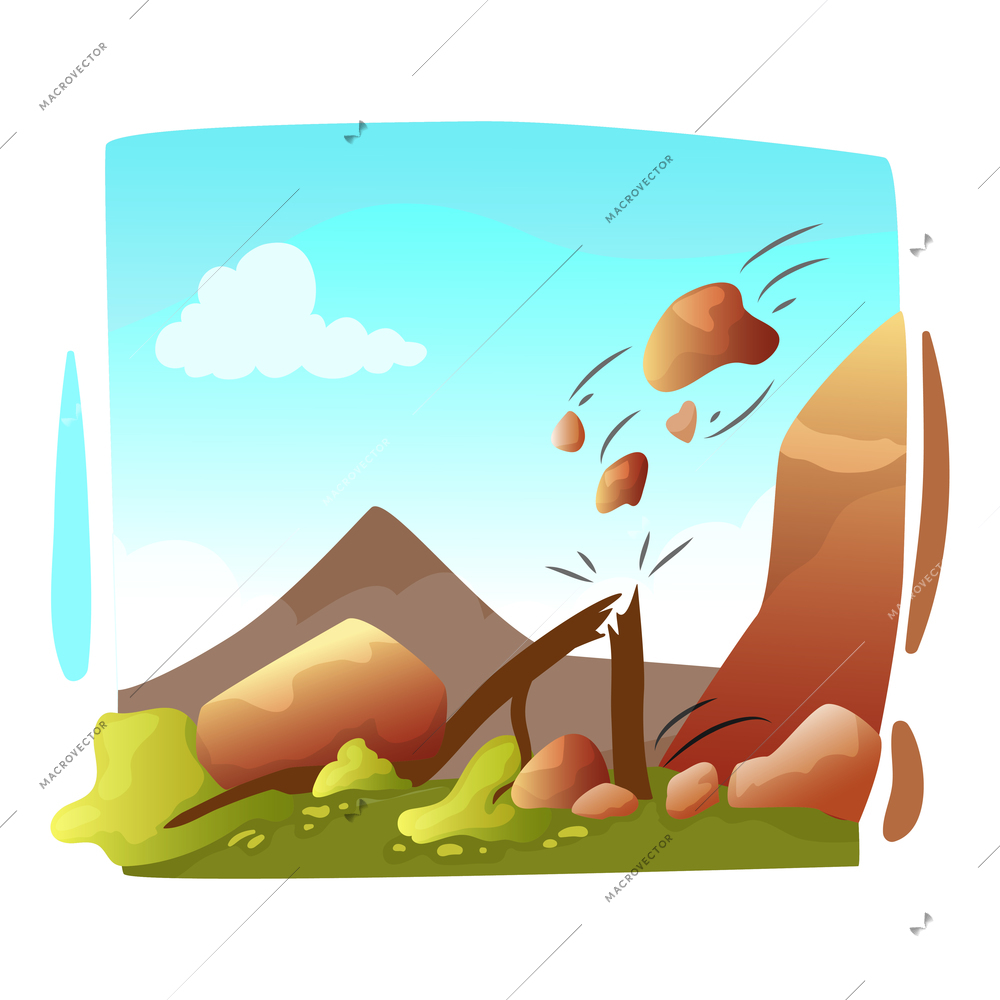 Natural disaster rock fall flat composition with mountains and broken tree vector illustration