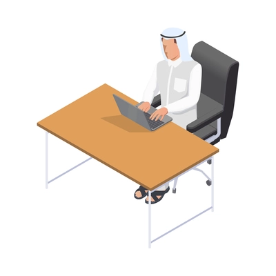 Isometric icon with arab man working on laptop in office 3d vector illustration