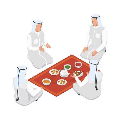 Isometric icon with arab men drinking tea and communicating 3d vector illustration