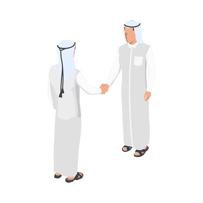 Isometric icon with two arab men greeting each other shaking hands vector illustration