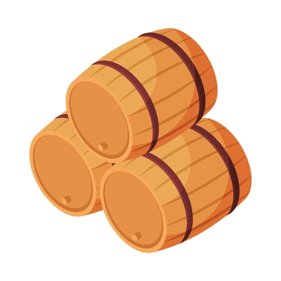 Three wooden barrels on white background isometric vector illustration