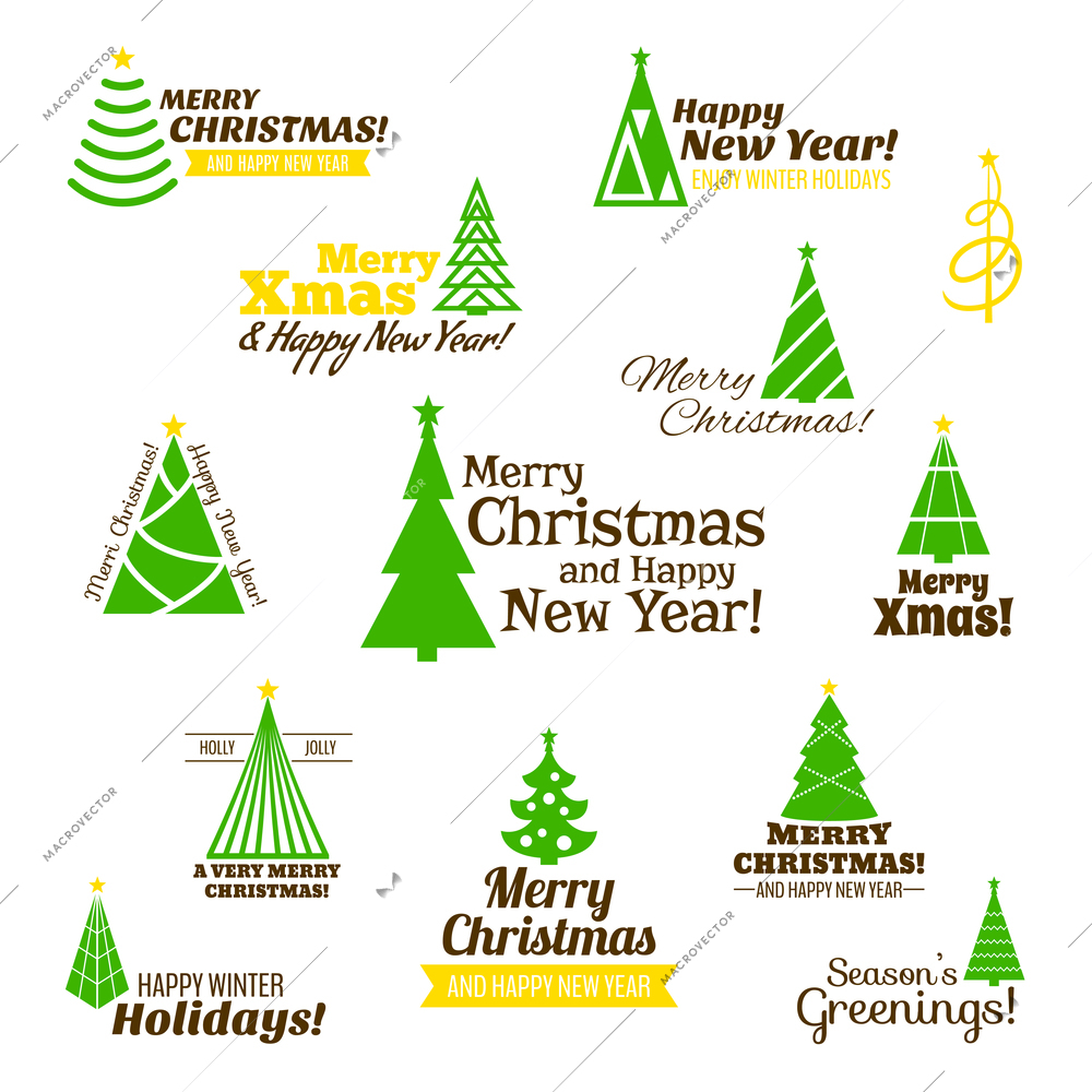 Christmas tree xmas celebration holiday stamps set isolated vector illustration