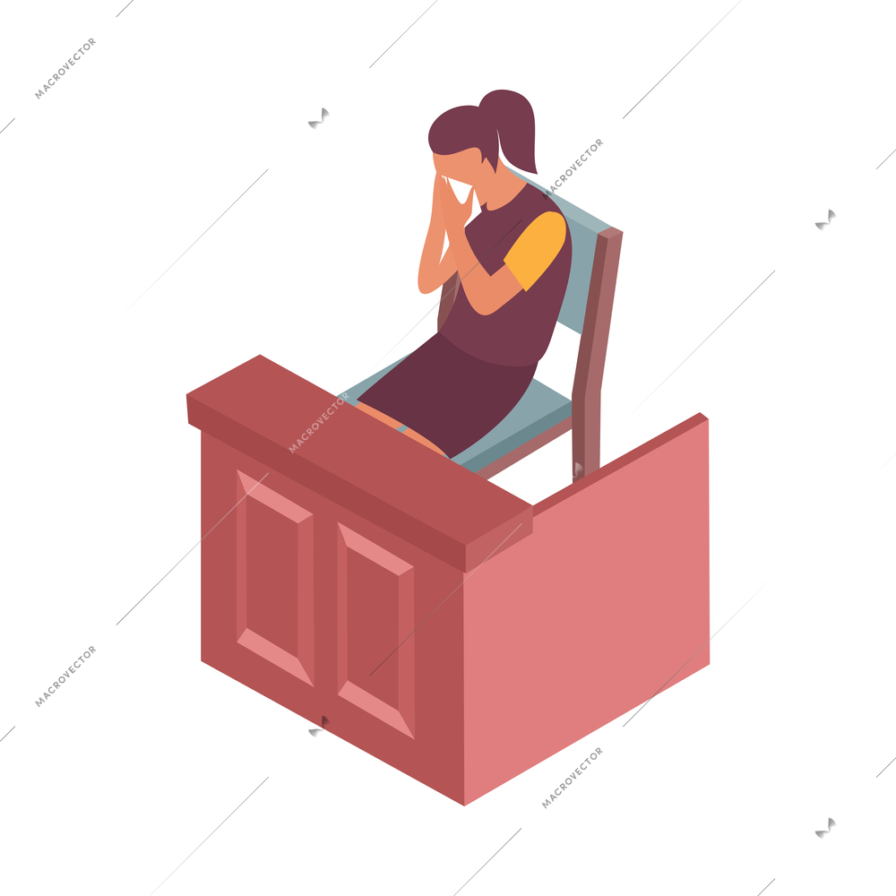 Court isometric icon with woman crying in courtroom 3d vector illustration