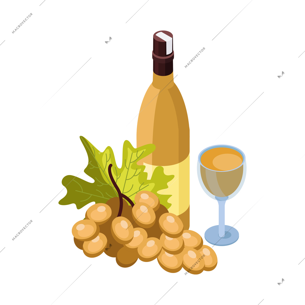 Isometric icon with bottle and glass of white wine and grapes 3d vector illustration