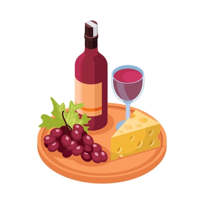 Bottle and glass of red wine grapes bunch and piece of cheese on wooden tray isometric icon 3d vector illustration