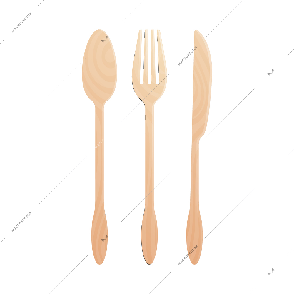 Eco friendly disposable bamboo wooden cutlery with spoon fork and knife isolated flat vector illustration