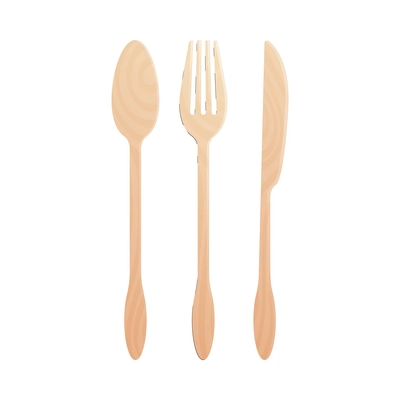 Eco friendly disposable bamboo wooden cutlery with spoon fork and knife isolated flat vector illustration