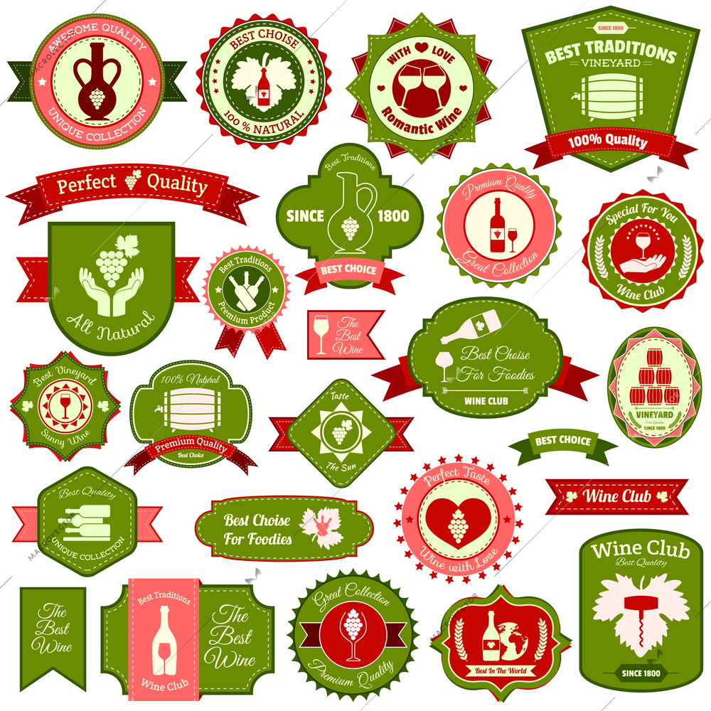 Wine alcohol drink label emblems and ribbons flat colored set of isolated vector illustration