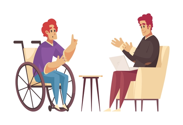 Psychotherapy counseling cartoon composition with disabled patient in wheelchair talking to psychologist isolated vector illustration