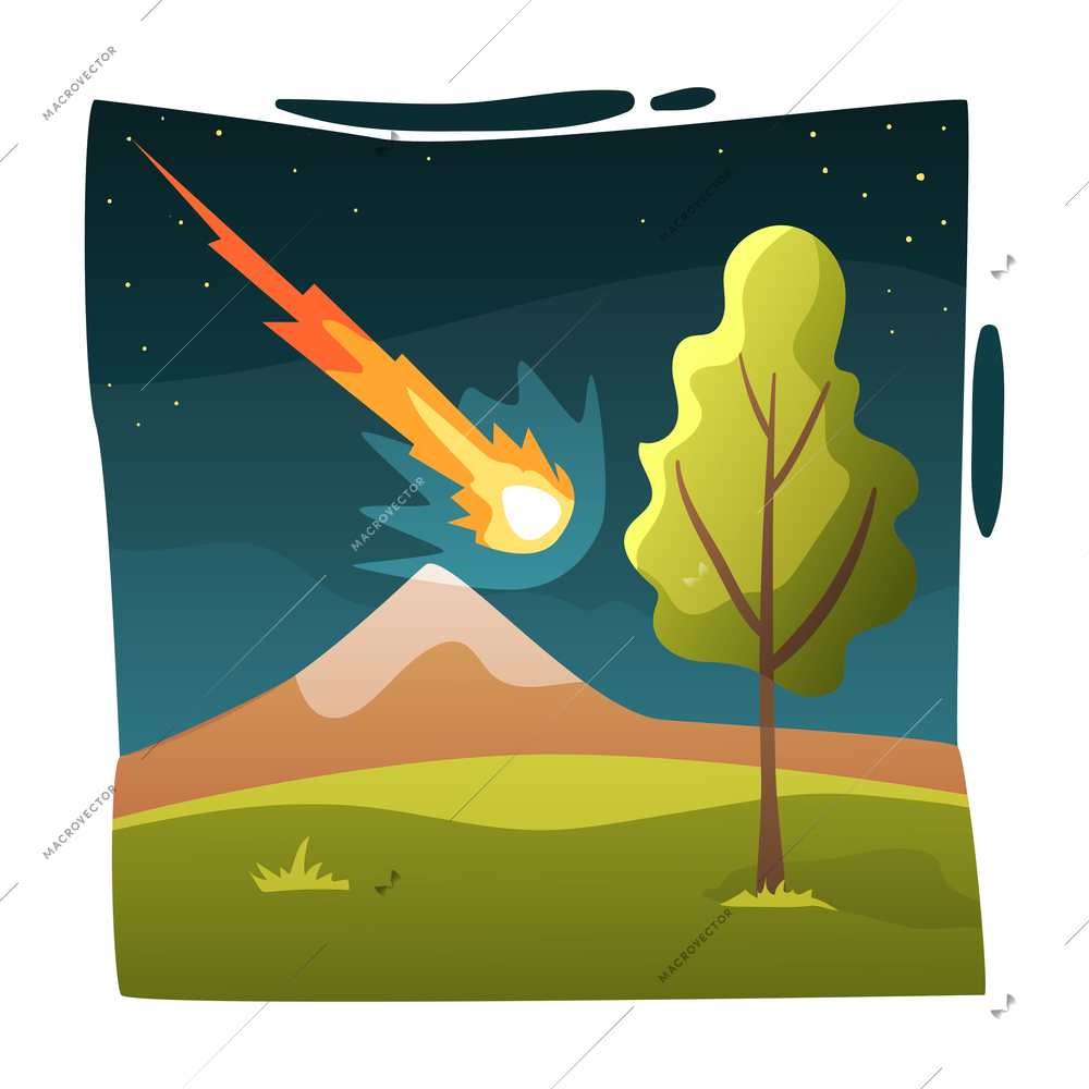 Natural disaster flat composition with falling burning meteorite on mountain vector illustration