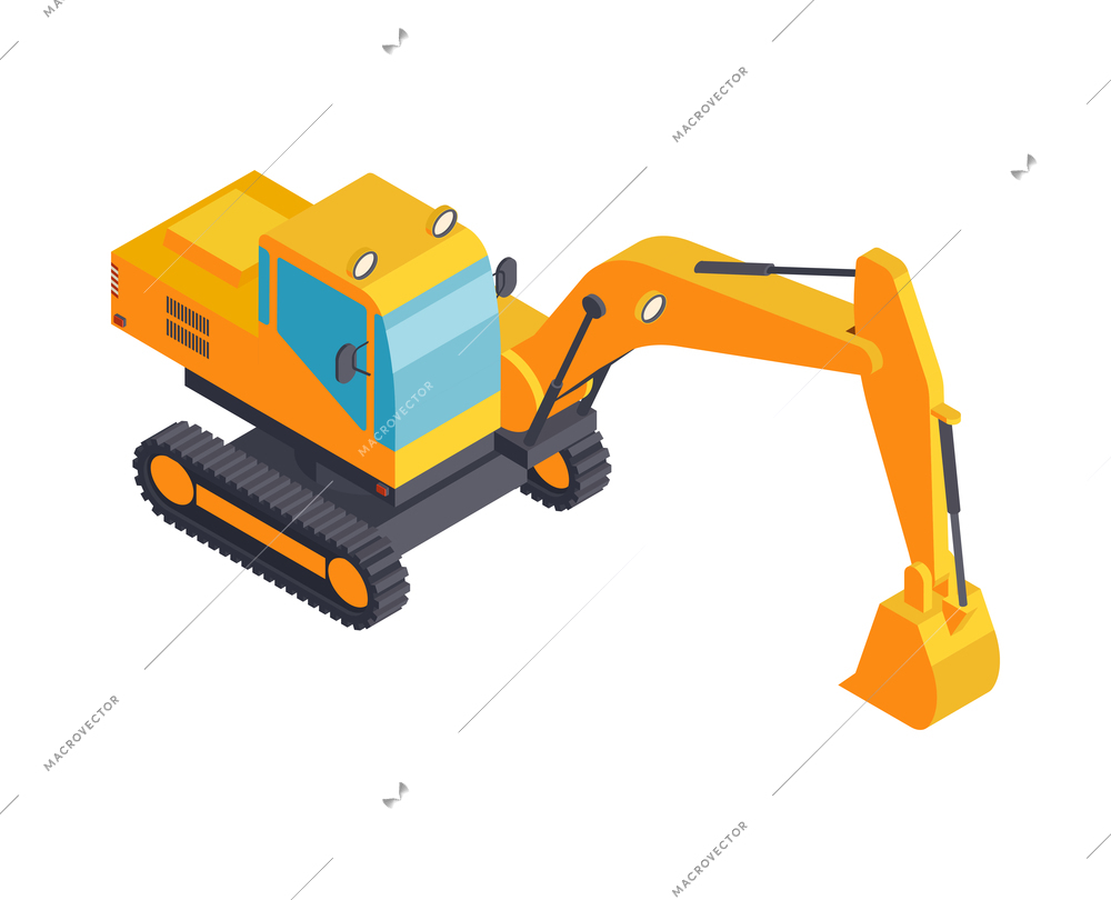Isometric yellow excavator construction machinery icon on white background vector illustration