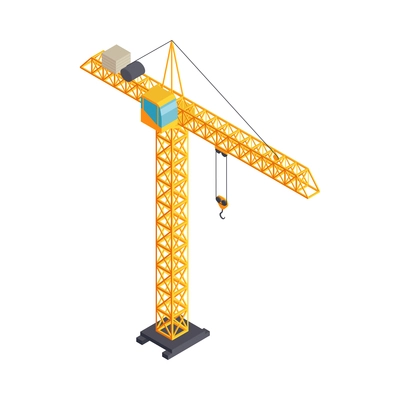 Yellow construction tower crane isometric icon on white background vector illustration