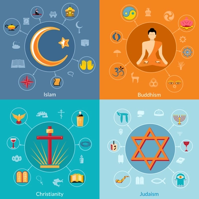 Religions icon flat set of islam buddhism christianity judaism symbols isolated vector illustration