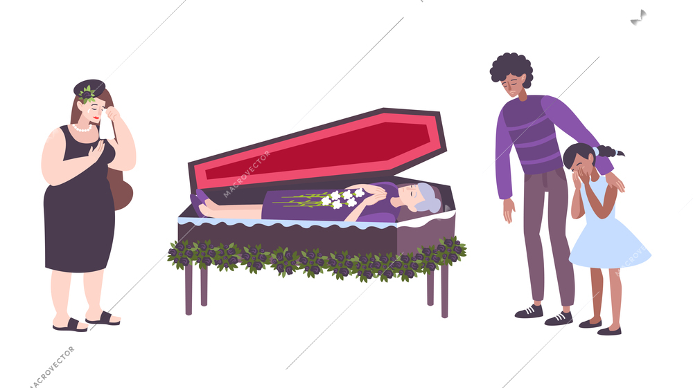 Funeral service composition with relatives weeping near coffin with dead woman flat isolated vector illustration