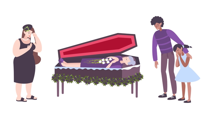Funeral service composition with relatives weeping near coffin with dead woman flat isolated vector illustration