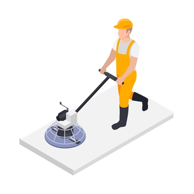 Cement production concrete floor final polishing isometric icon with worker in uniform 3d vector illustration