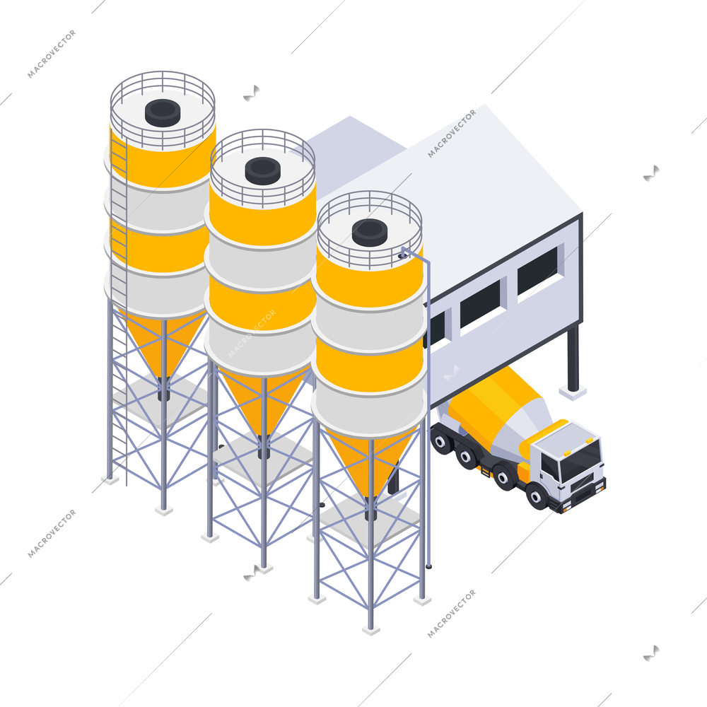 Concrete cement production plant isometric icon with machinery and mixer vehicle 3d vector illustration