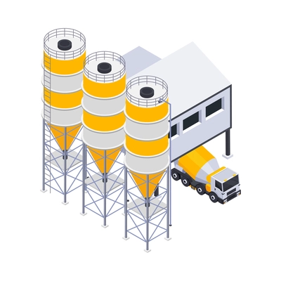 Concrete cement production plant isometric icon with machinery and mixer vehicle 3d vector illustration