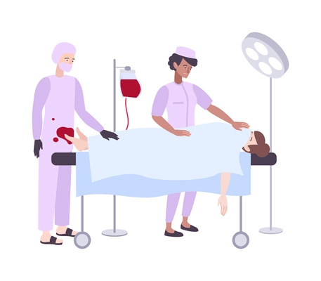 Human death flat icon with doctors and dead woman on operating table vector illustration