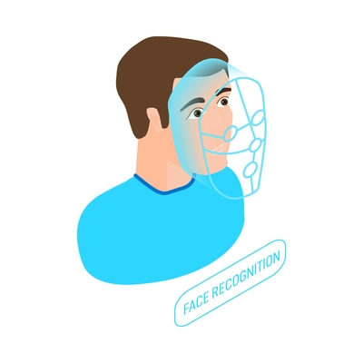 Biometric authentication facial recognition icon with male face being scanned isometric vector illustration