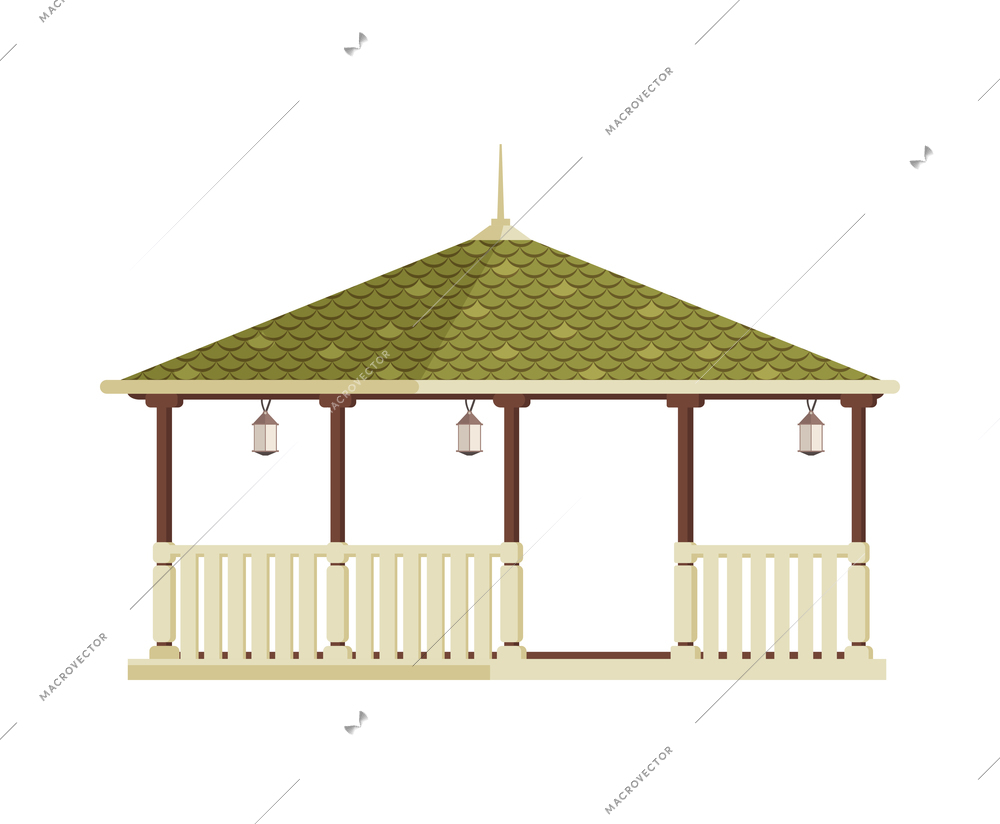 Empty wooden gazebo with lanterns flat icon on white background vector illustration