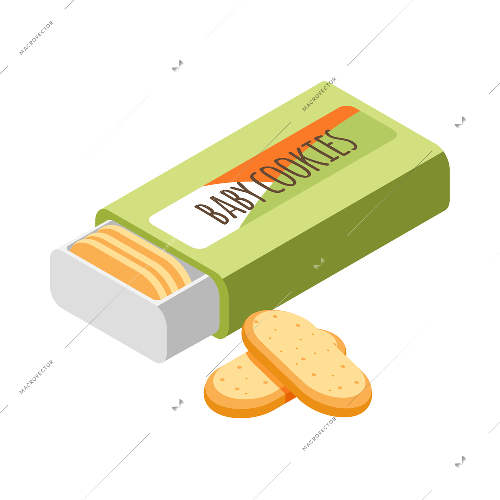 Baby food isometric icon with package of cookies on white background 3d vector illustration