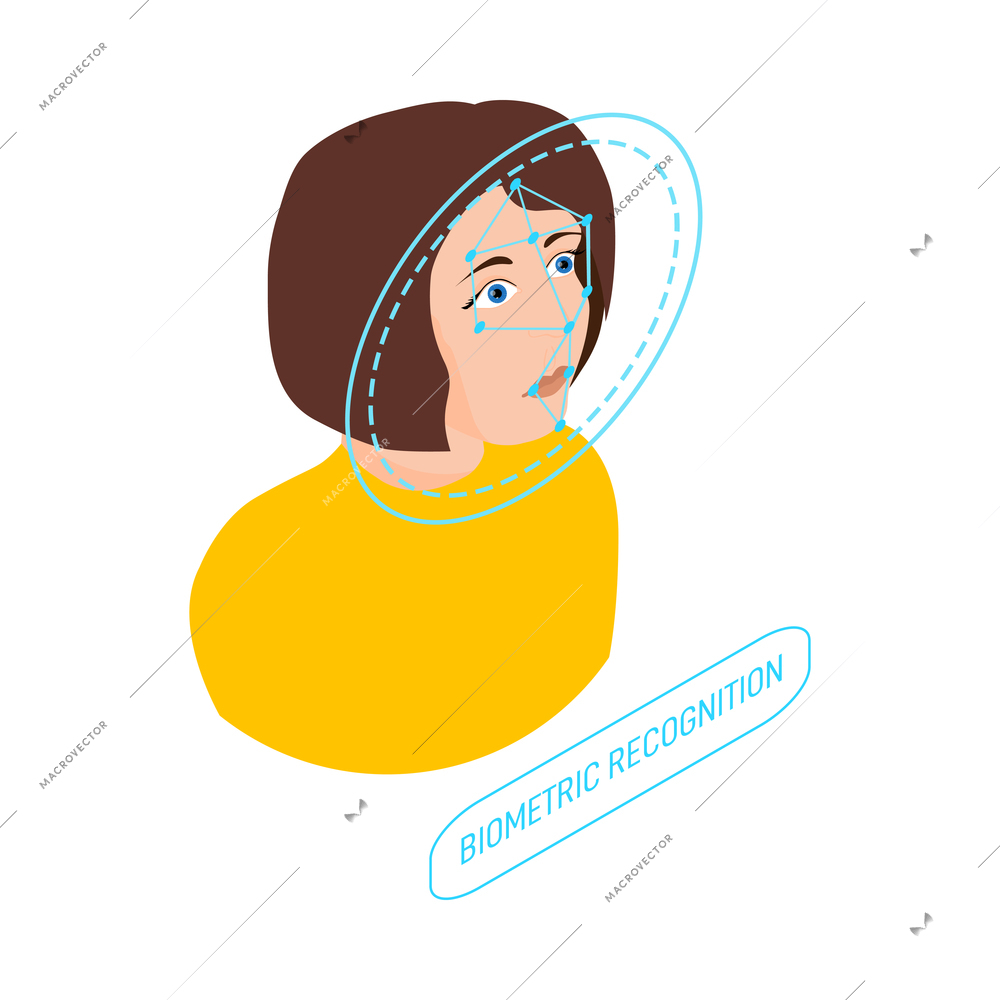 Biometric authentication facial recognition isometric icon with female face scanning 3d vector illustration