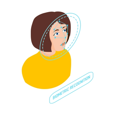 Biometric authentication facial recognition isometric icon with female face scanning 3d vector illustration