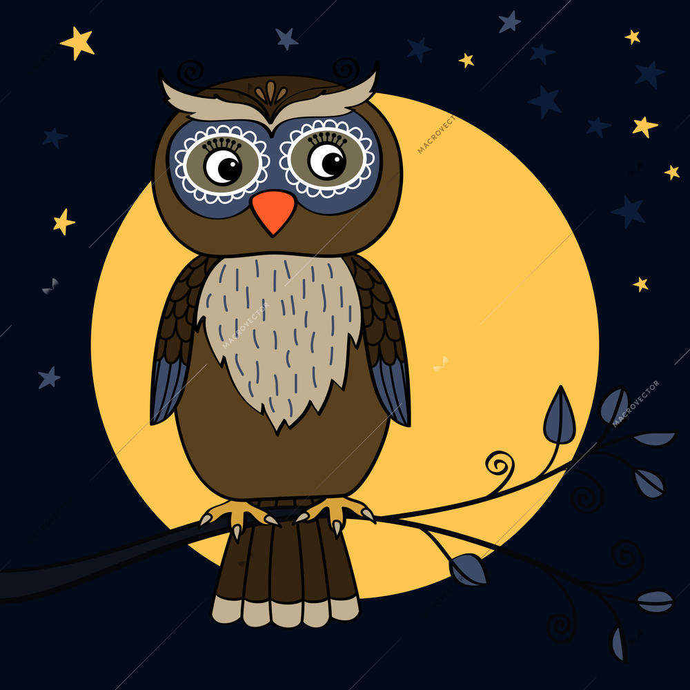 Owl on tree branch at moon night with stars vector illustration