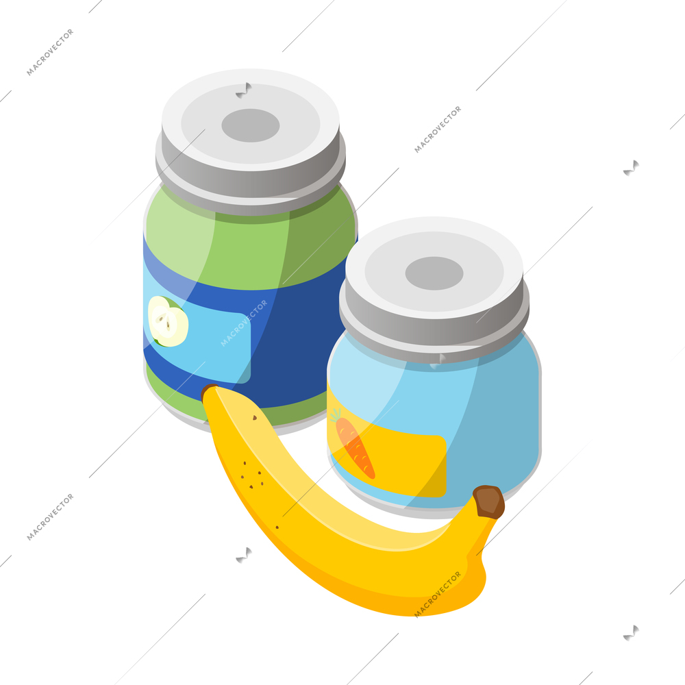 Baby food isometric icon with two jars of apple and carrot puree and banana 3d vector illustration