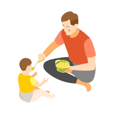 Isometric icon with dad spoon feeding child with puree 3d vector illustration