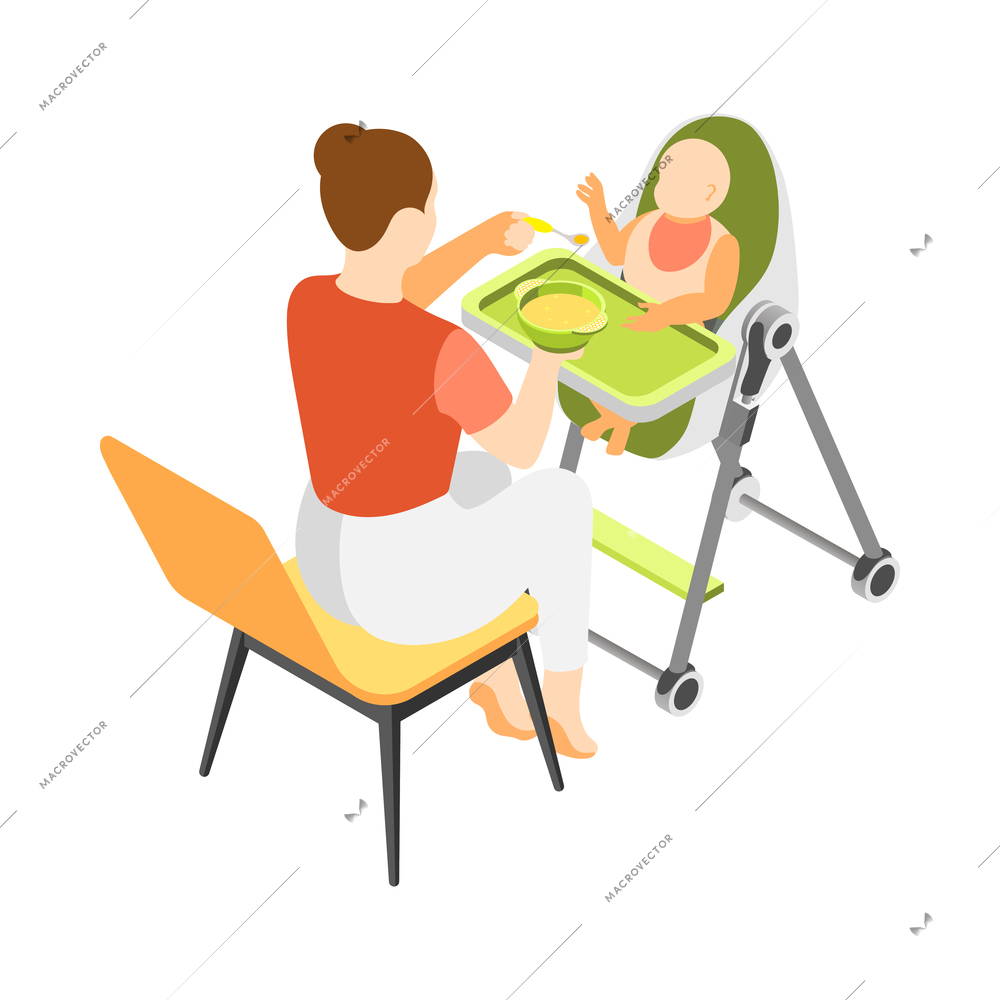 Mother feeding baby with puree on high chair isometric icon 3d vector illustration
