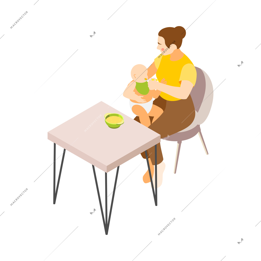 Mother feeding baby with puree isometric icon 3d vector illustration