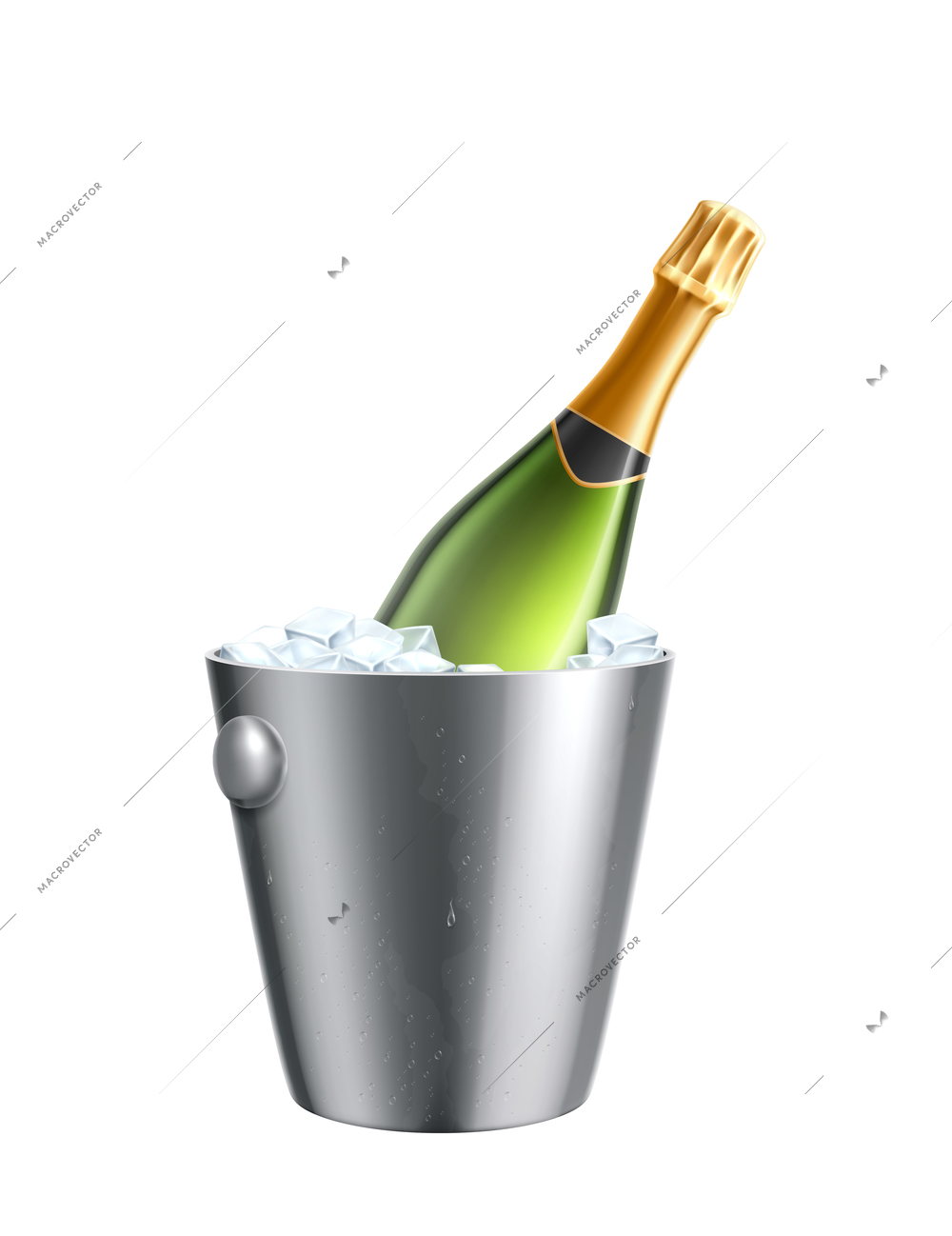 Sealed champagne bottle in bucket with ice realistic vector illustration