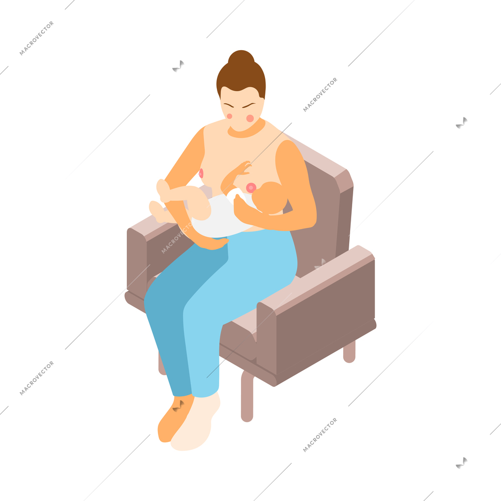 Isometric icon with woman breastfeeding baby 3d vector illustration