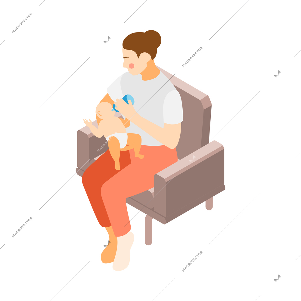 Isometric icon with mum feeding baby from bottle 3d vector illustration