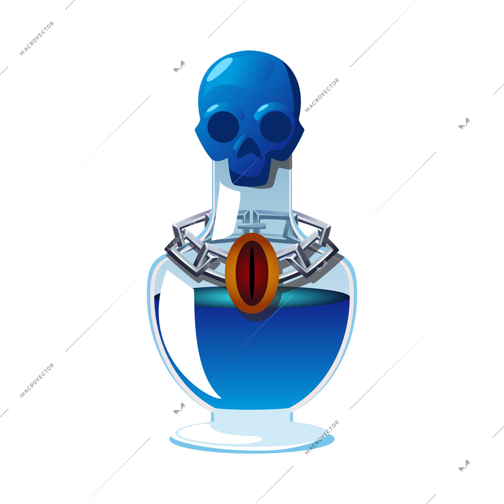 Blue magic potion in glass bottle with skull realistic vector illustration